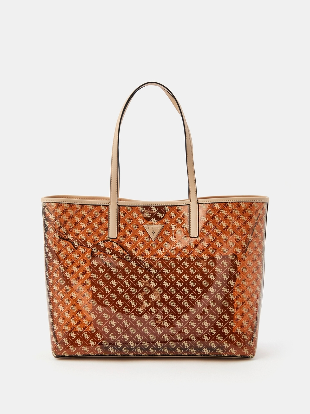 Guess Brown Logo-Print Patent Tote with Cream Trim